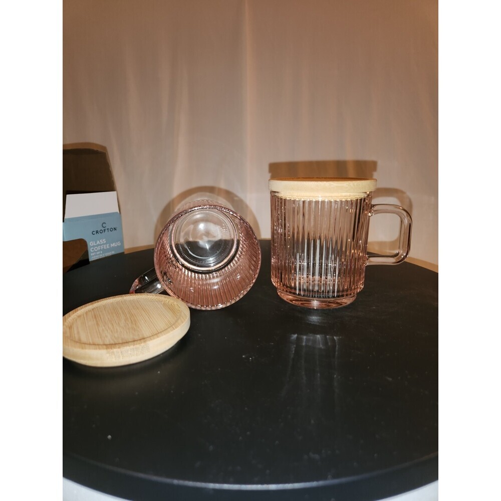 CROFTON Glass Coffee Mug with Lid, Pink Glass Coffee Cups, Classical Verticle